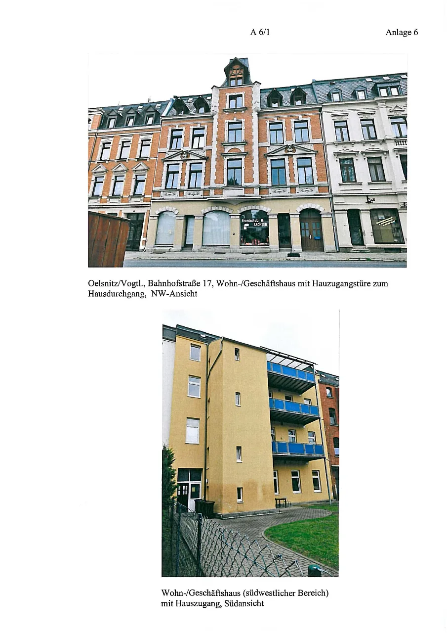 Oelsnitz/Vogtl., Bahnhofstraße 17, Wohn-/Geschäftshaus mit Hauszugangstüre zum Hausdurchgang, NW-Ansicht; Wohn-/Geschäftshaus (südwestlicher Bereich) mit Hauszugang, Südansicht