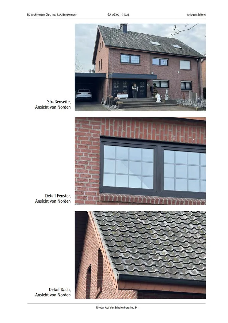 Gutachten-Anlage mit frontaler Straßenseite des Doppelhauses, Fenster- und Dachdetail; mehrere Fotos auf einer Seite.