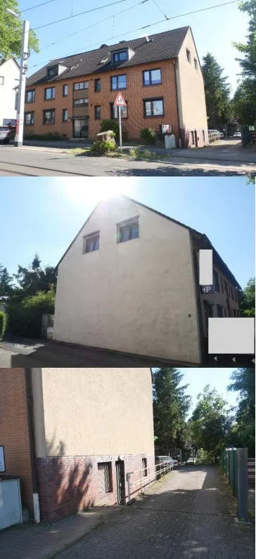 Straßenansicht eines dreigeschossigen Wohnhauses mit Ziegelfassade und Dachgeschoss, daneben Seitenfassade und Gebäudeseite.