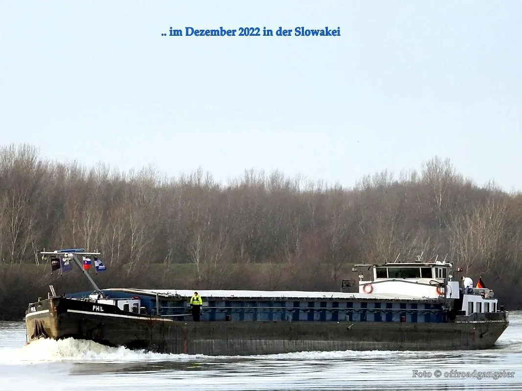 Binnenschiff auf einem Fluss, Seitenansicht vor Baumreihe, mit Besatzungsmitglied an Deck