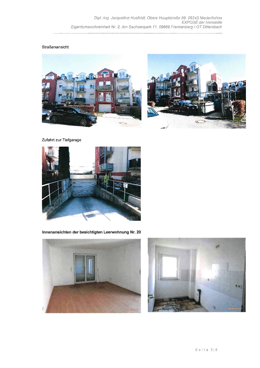 Scanseite mit Straßenansichten des Wohnhauses (teils markiert), Tiefgarageneinfahrt und Innenaufnahmen einer Leerwohnung.