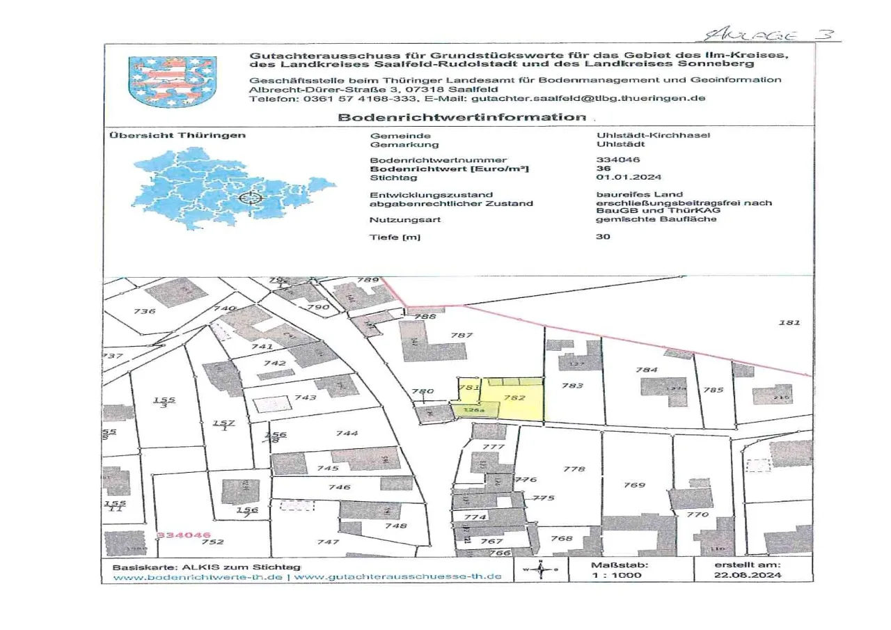 Bodenrichtwertinformation mit Flurkartenausschnitt und Tabelle zum Grundstück in Uhlstädt.