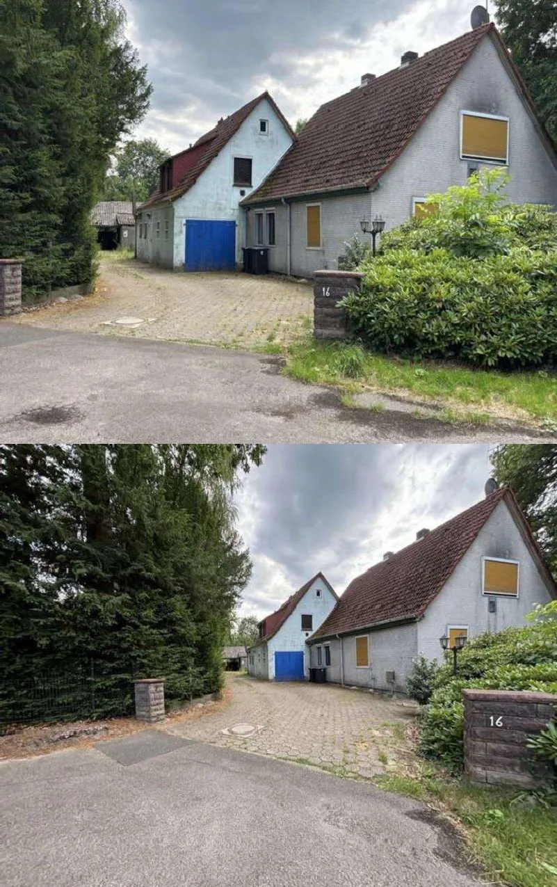 Front and side view of property with blue garage door and entrance