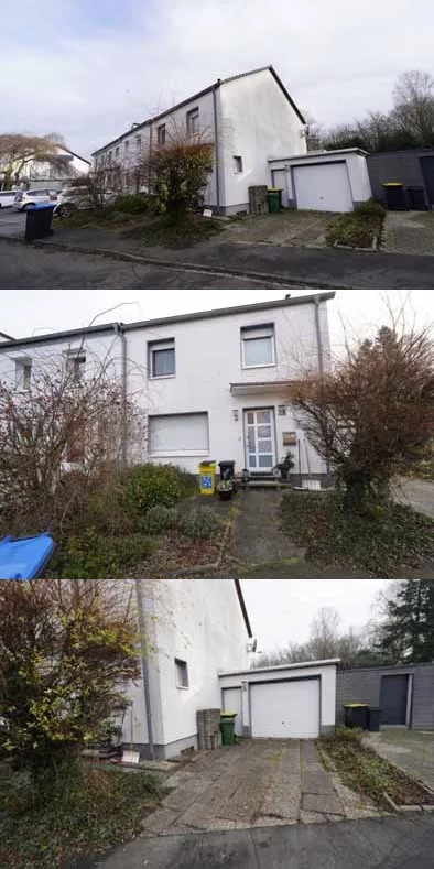 Drei Außenaufnahmen eines Doppelhauses mit weißer Fassade, Garage und Vorgarten.