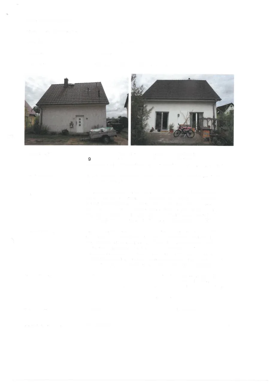 Gescannte Gutachtenseite mit zwei Außenaufnahmen eines Einfamilienhauses mit Satteldach und weißer Fassade