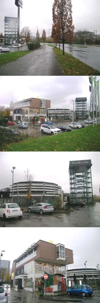 Mehrere Außenaufnahmen eines Gewerbeareals mit Schnellrestaurant, Parkhäusern und einem Hochturm, Autos auf dem Parkplatz.