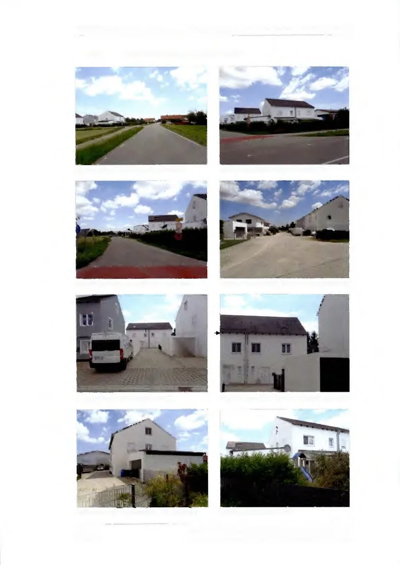 Gescannte Anlagenseite mit acht Außenfotos: Straßen und Wohnhäuser, teils mit Zufahrten, Garagen und Vorgärten.