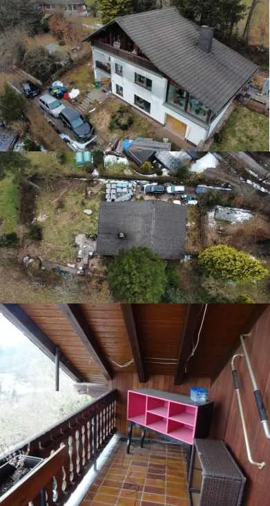 Aerial view of house and property; interior patio detail
