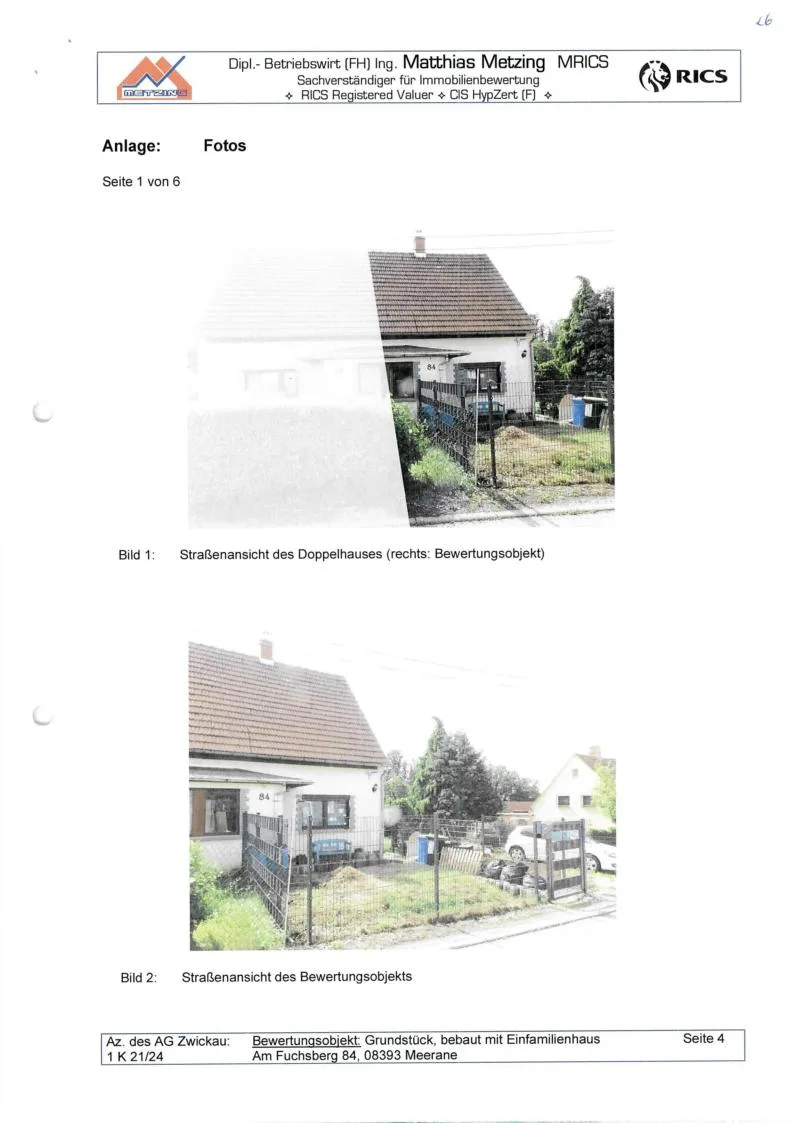 Anlagenseite mit zwei Straßenansichten des Doppelhauses, teils verblasst