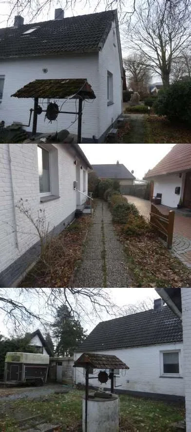 Gescannte Seite mit mehreren Außenaufnahmen des Objekts (Vorderansicht, Seitenansicht, Details)