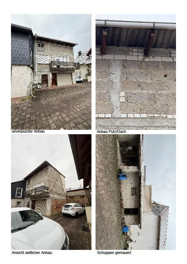 Collage mit Außenaufnahmen: unverputzter Anbau, Anbau Putz/Dach, Ansicht seitlicher Anbau, Schuppen gemauert