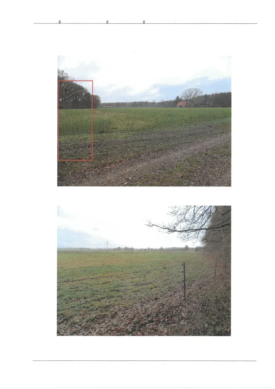 Gesamtgrundstück mit Gebäude in der Ferne, rote Markierung zeigt Teilbereich