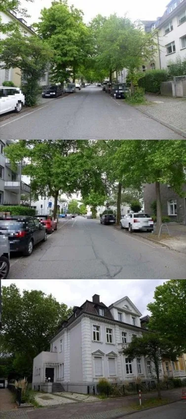 Collage: Straßenansichten und Hauptgebäude (weiße Villa/Townhouse)