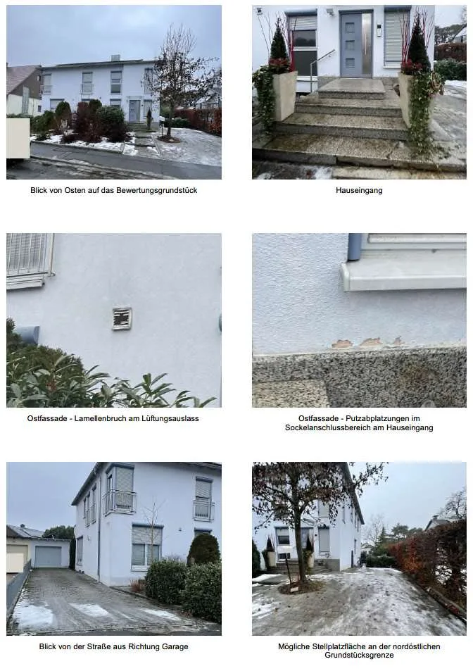 Gutachten-Fotoseite mit Außenansichten des Hauses, Hauseingang, Fassadendetails und Zufahrt