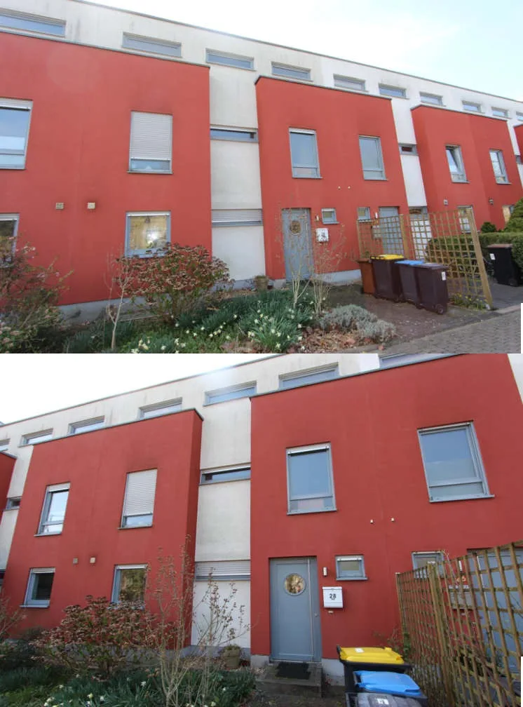 Straßenfassade des Reihenhauses mit Eingang Nr. 28