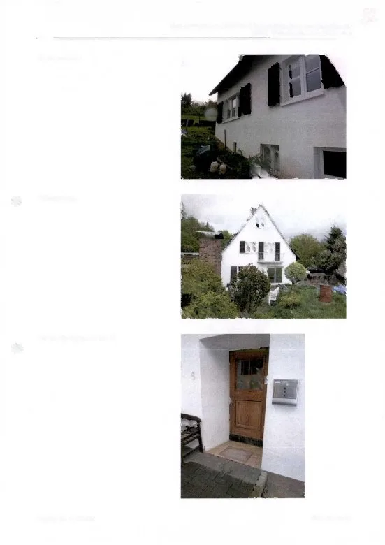 Gescannte Seite mit drei Außenaufnahmen: Hausseite mit Fensterläden, Wohnhaus mit Giebel und Garten, Hauseingang mit Holztür.