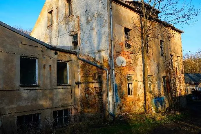 Verfallenes mehrgeschossiges Wohngebäude von der Seite/Rückseite, Fensteröffnungen teils ohne Verglasung, Baum davor.