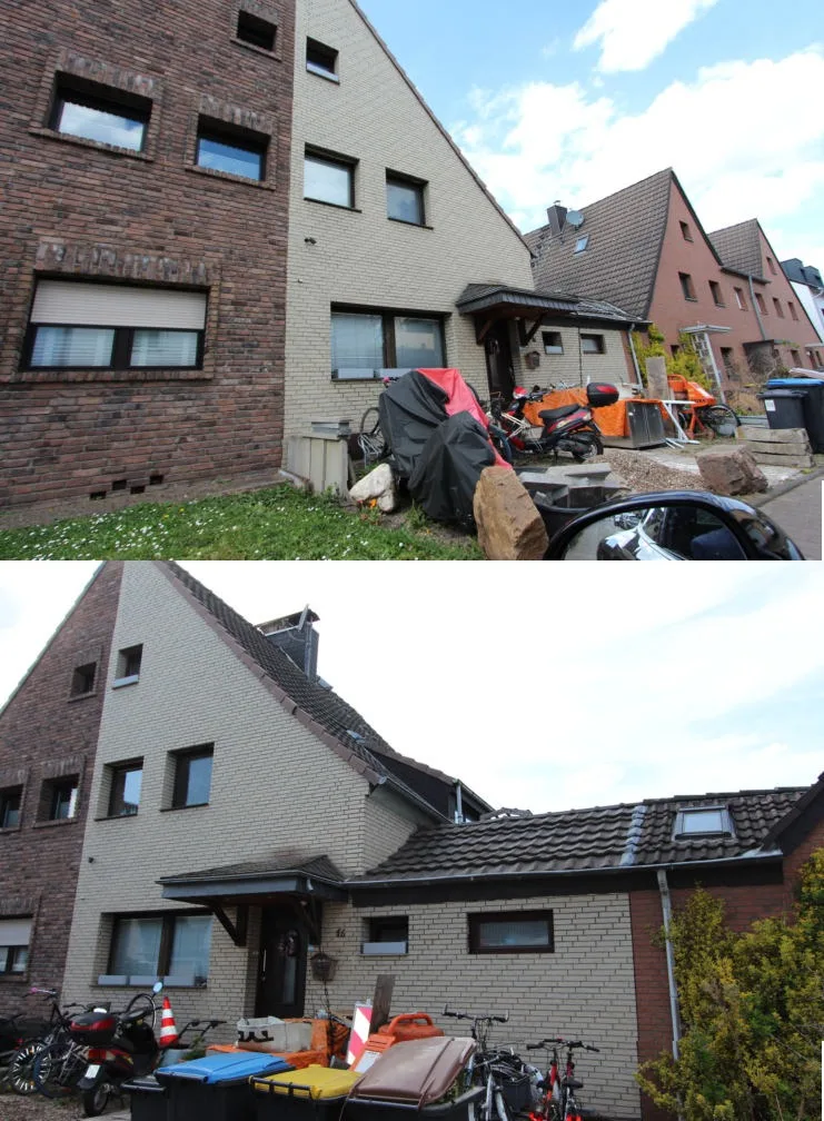 Zwei Außenaufnahmen des Wohnhauses mit Klinkerfassade, Eingangsbereich und Vorbau.