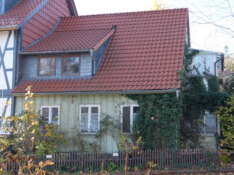 Einfamilienhaus mit Ziegeldach, Gaube und Holzfassade, frontale Ansicht bei Tageslicht.