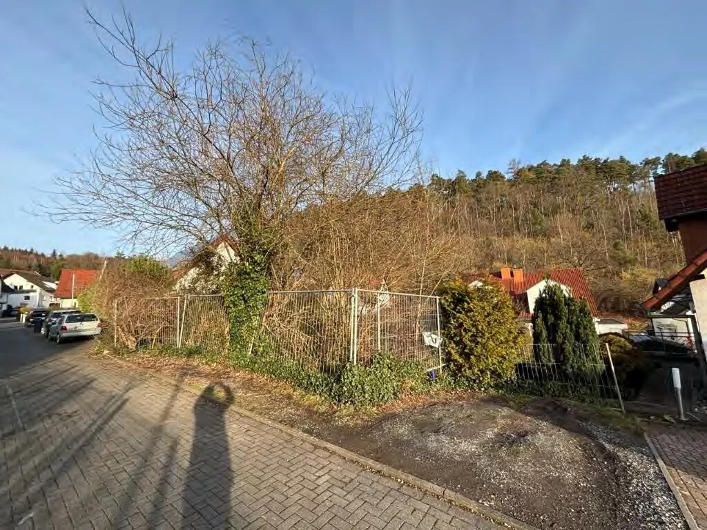 Weitwinkelaufnahme des eingezäunten Grundstücks mit Straße, parkenden Autos und Nachbarhäusern