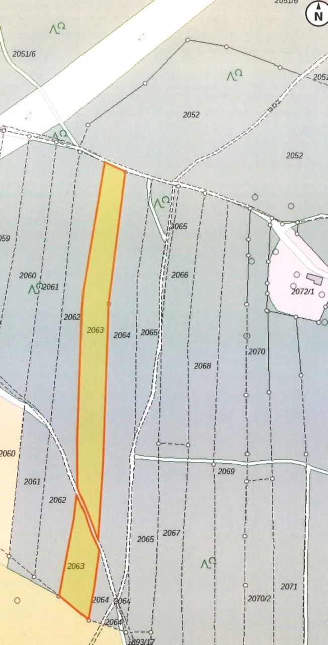 Land survey/cadastral map with property boundaries (parcel 2063/2064 highlighted in orange)