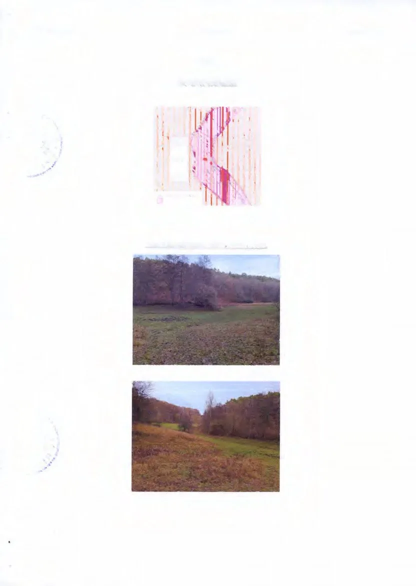 Scanned document page with landscape photos showing property surroundings (fields, woodland)